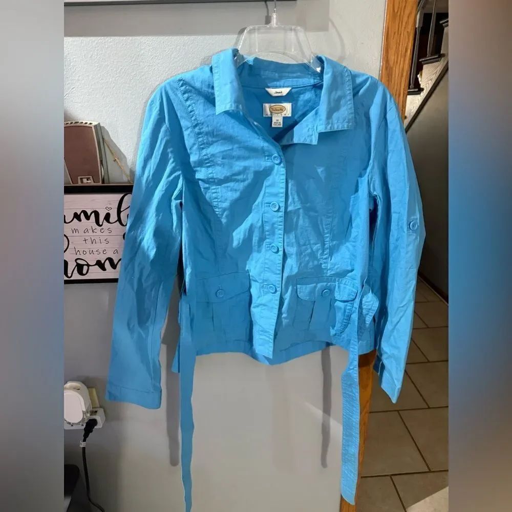 Talbots Tie Front Lightweight Jacket Size Large (14) Aqua Blue